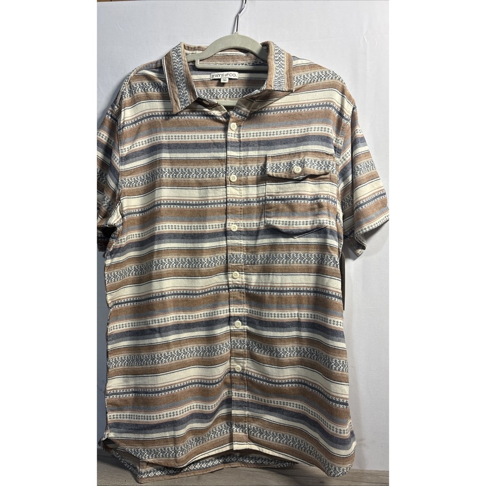 Frye And Co Aztec Style Large Tall Short Sleeve Tan Blue Button Down Pocket